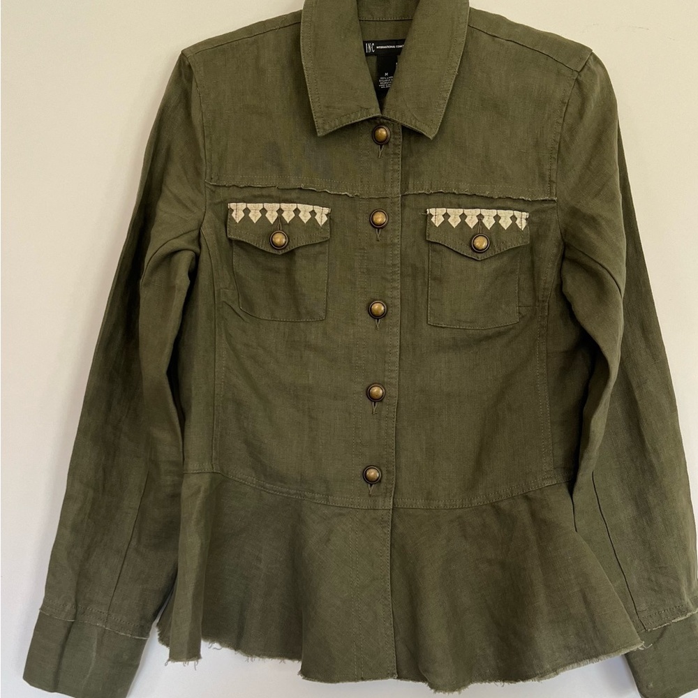 INC Green KhakiLinen Jacket, Size Medium